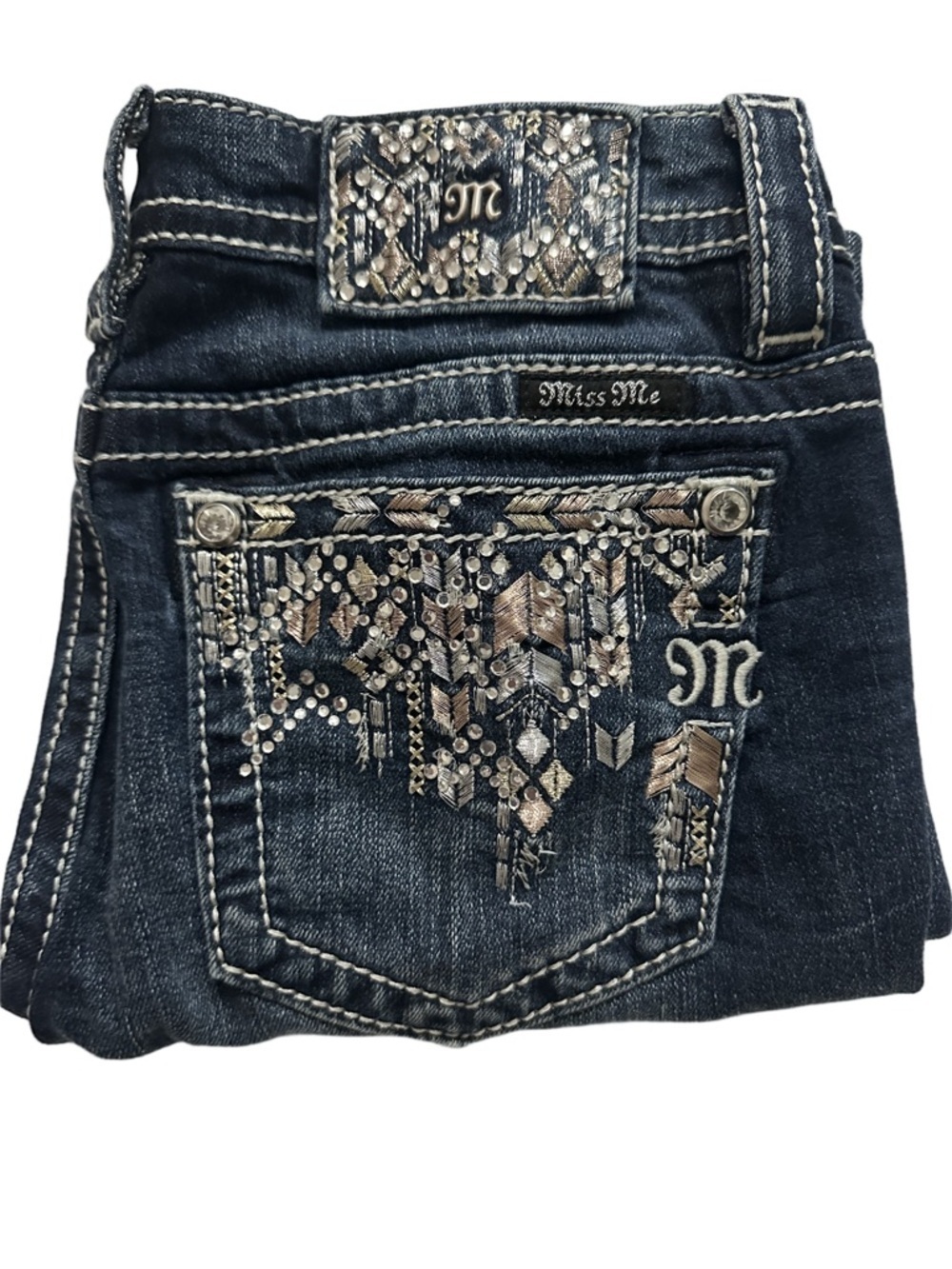 Miss Me Dark Wash Ankle Skinny Jeans Metallic Rhinestones Embellishment Y2K 28